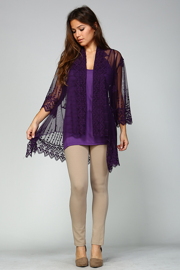 Front Open Lace Cardigan With Cami- Eggplant